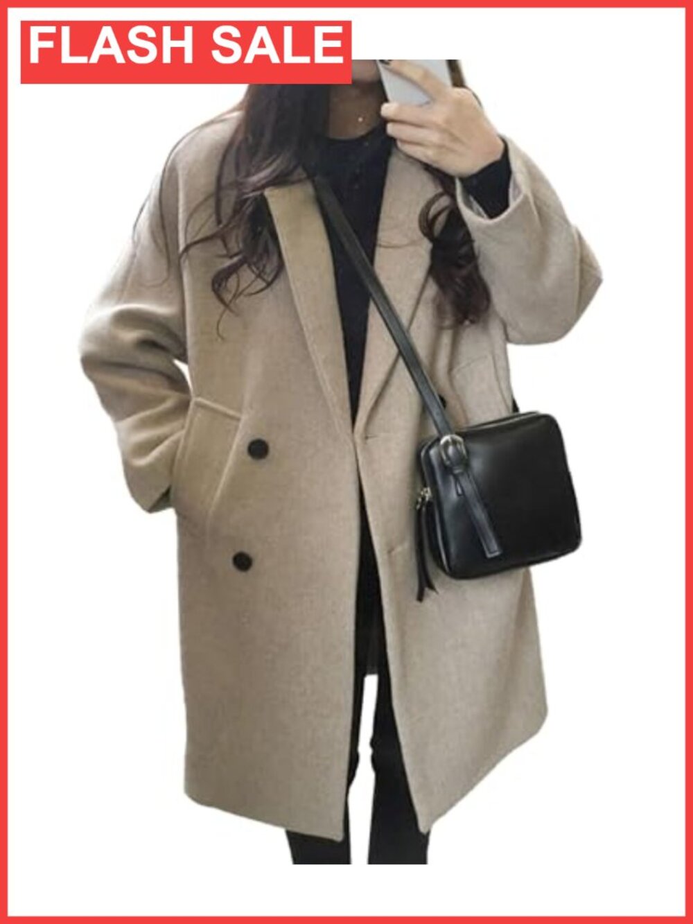 Women's Winter Wool Blend Double Breasted Pea Coat Loose Fit Long Overcoat